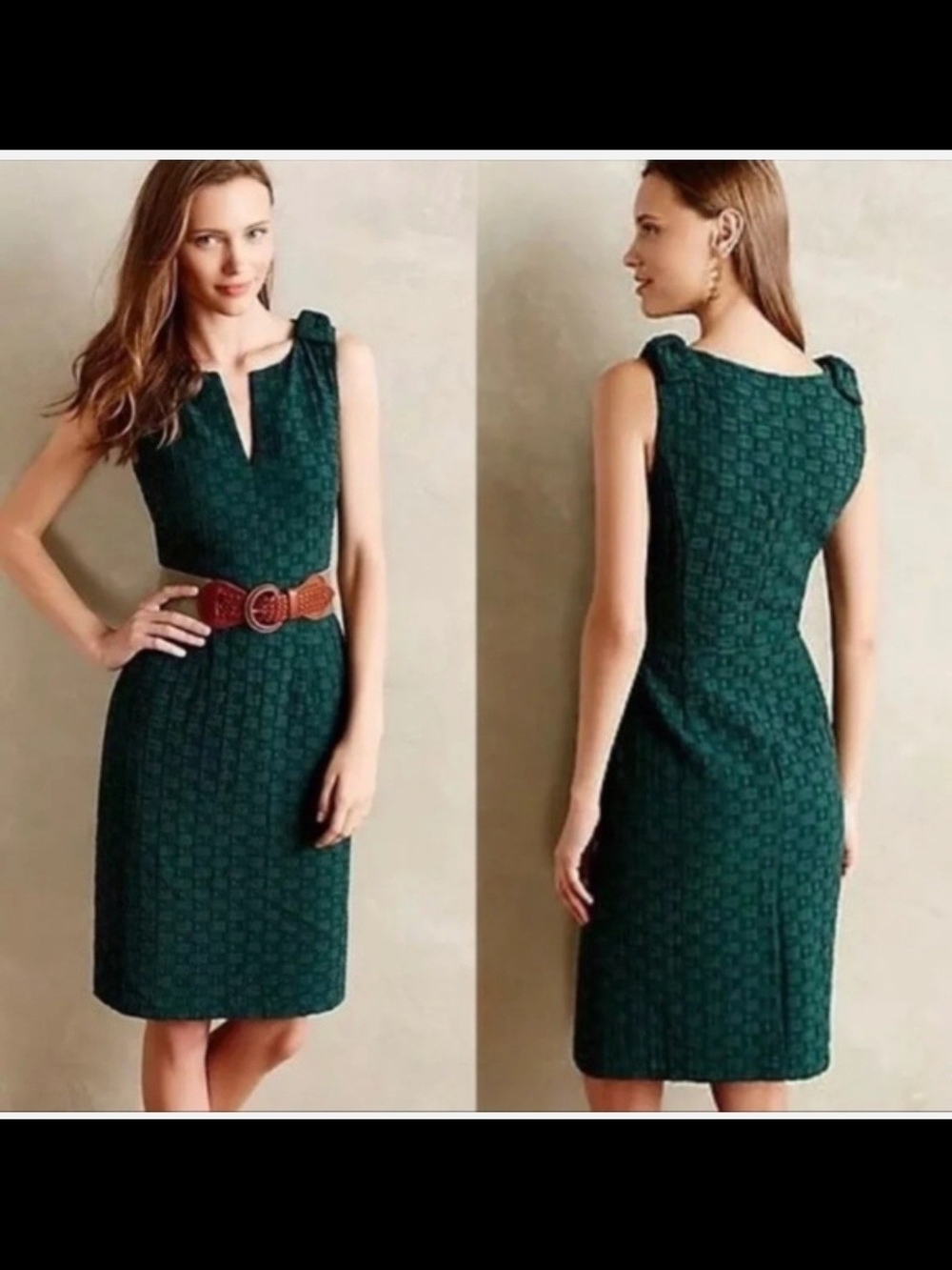 Tabitha Anthropologie Green Basketweave Knit Sheath Dress Size 8.